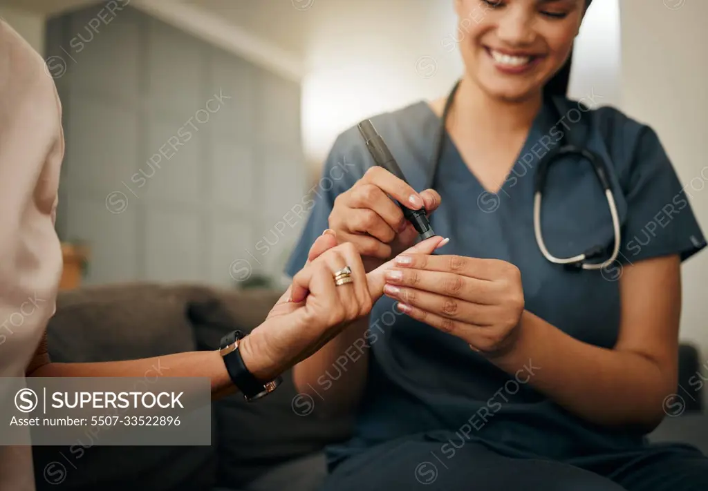 Zoom of doctor, diabetes or elderly woman hands with blood test, sugar or medical test with a glucometer. Healthcare, health nurse or diabetic lady consulting on glucose wellness in living room