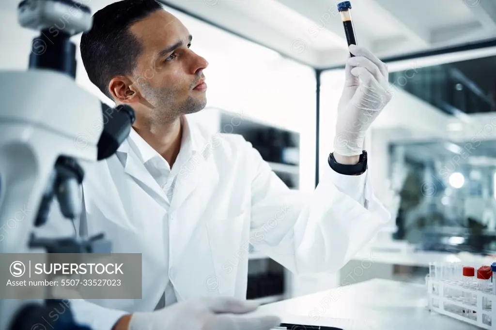 Man, scientist and analysis of blood sample in test tube, DNA and science experiment in laboratory. Male doctor with gloves, study liquid with forensics, scientific innovation and medical research