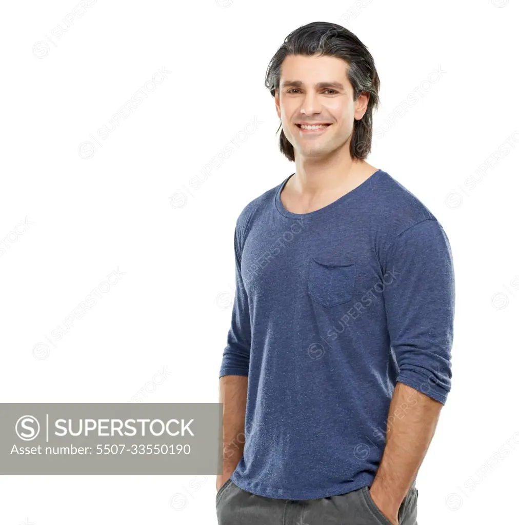 Hes just an average Joe - Guy next door. Studio portrait of a handsome man  posing against a white background. - SuperStock