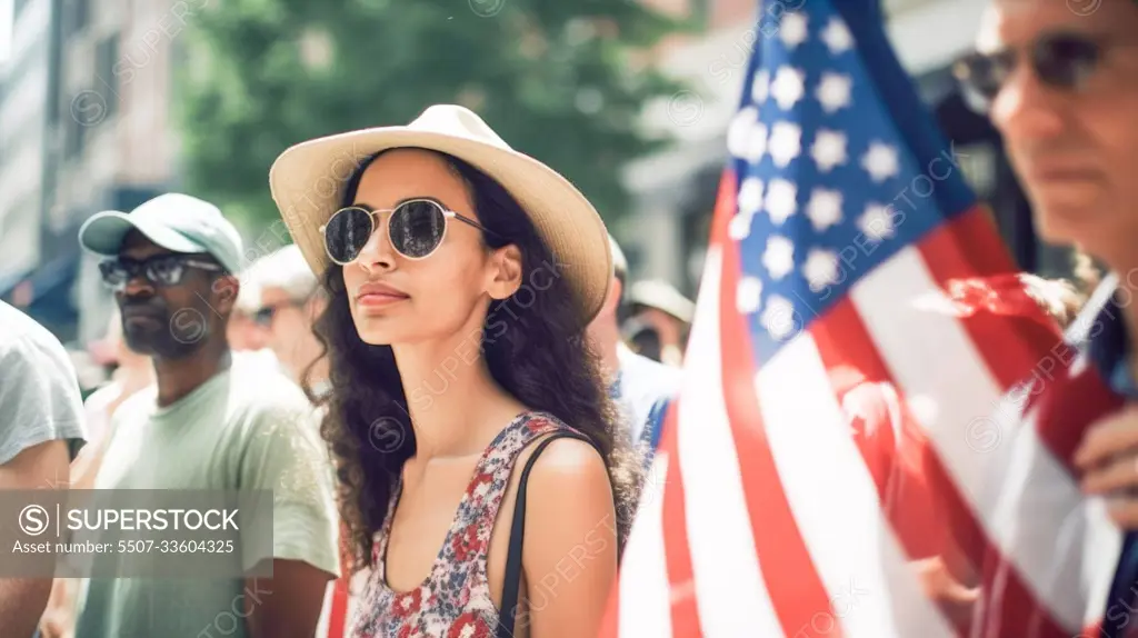 People holding the USA Flags celebrating July 4th Independence Day. Generative Ai.