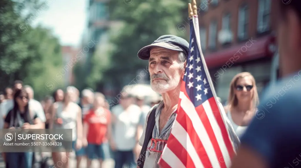 People holding the USA Flags celebrating July 4th Independence Day. Generative Ai.