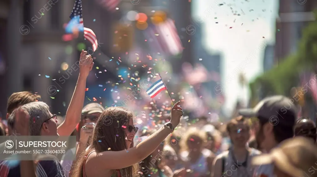 People holding the USA Flags celebrating July 4th Independence Day. Generative Ai.