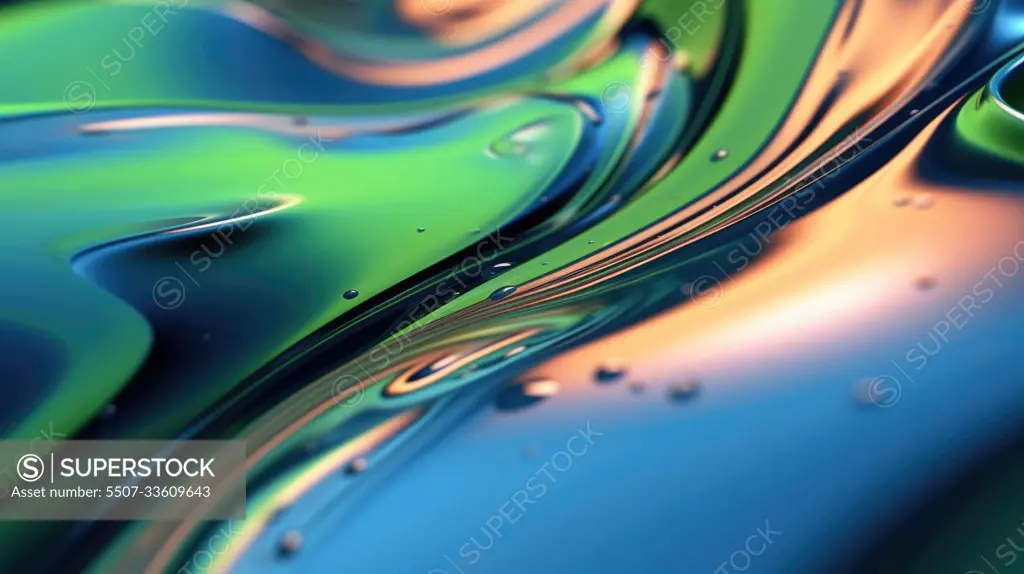 The close up of a glossy liquid surface in cool blue and green colors with a soft focus. Exuberant 3D illustration.