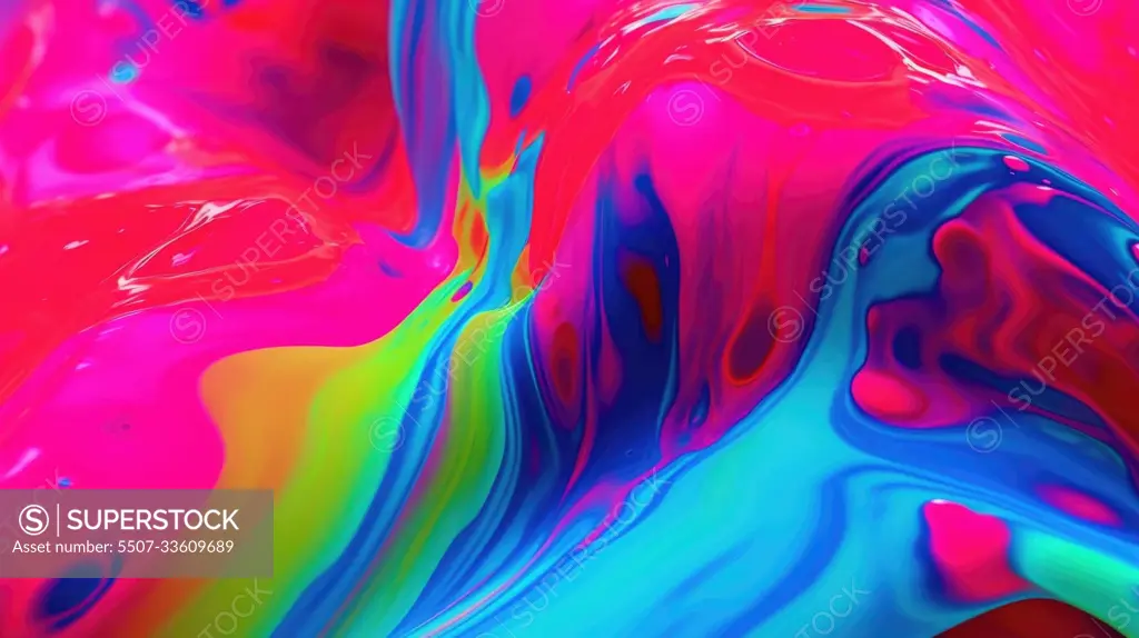 The close up of a glossy liquid surface abstract in hot pink, electric blue, and neon green colors with a soft focus. Exuberant 3D illustration.