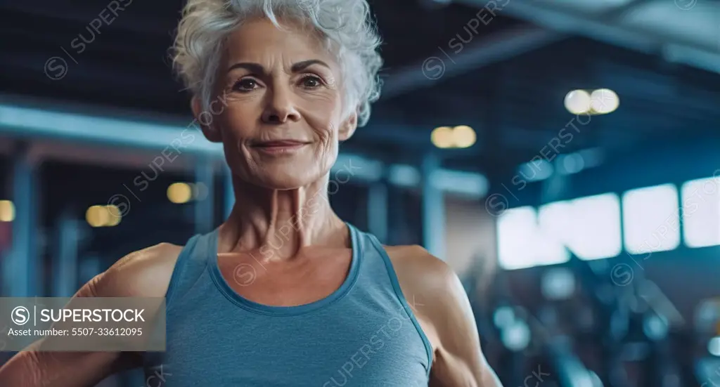 fitness grandmother in gym, concept of healthy lifestyle in advanced age, made with Generative AI