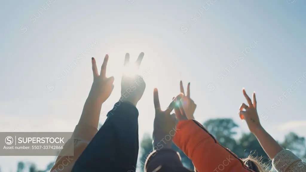 Peace sign, support and hands of friends in nature for community, motivation and teamwork. Partnership, relax and hand gesture with people in outdoors for collaboration, diversity and solidarity