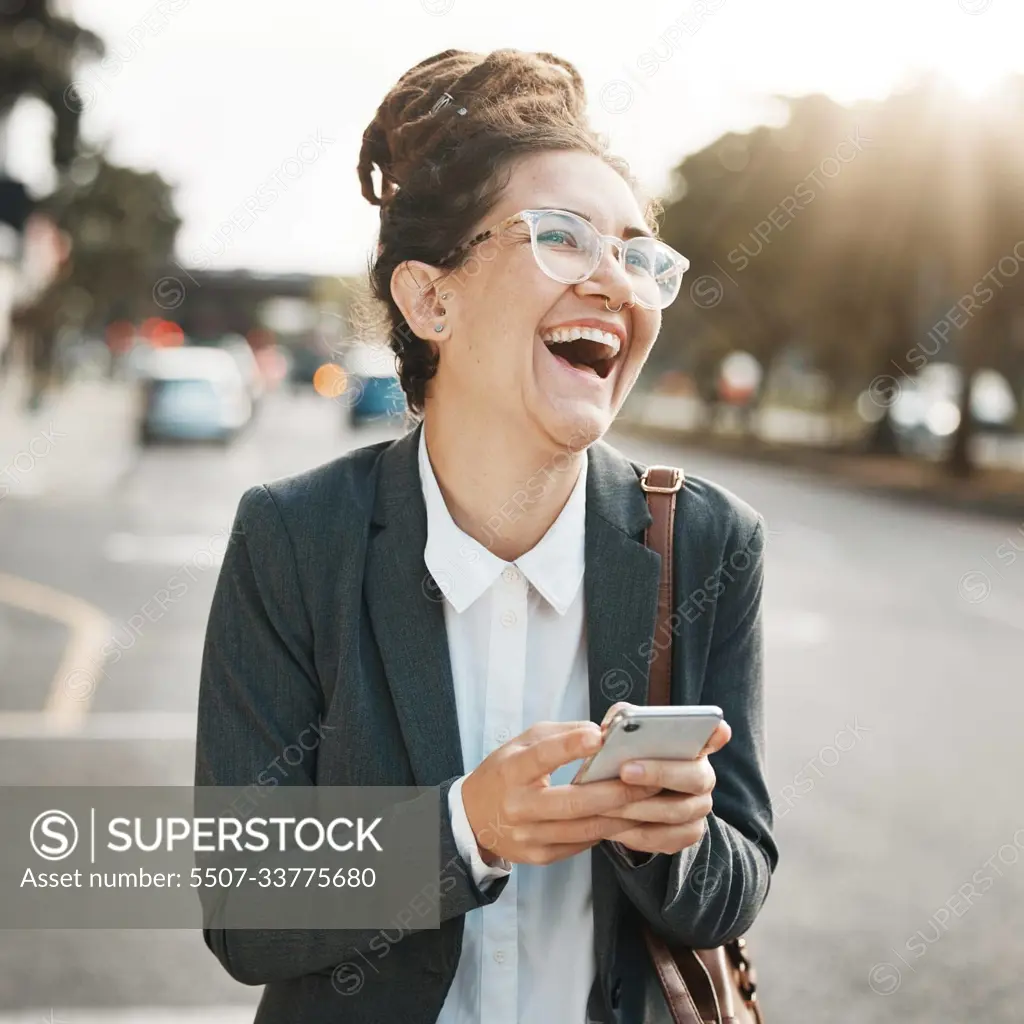 Laughing, typing and a woman with a phone in the city for social media, communication or an email. Smile, meme and a funny corporate employee with a mobile for an app in the street in the morning