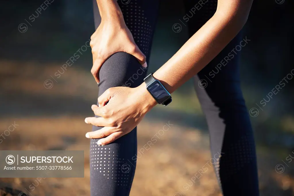 Hands with knee pain, running injury and fitness with woman outdoor, training and medical emergency with legs. Health, exercise accident from run and female athlete with inflammation and joint ache