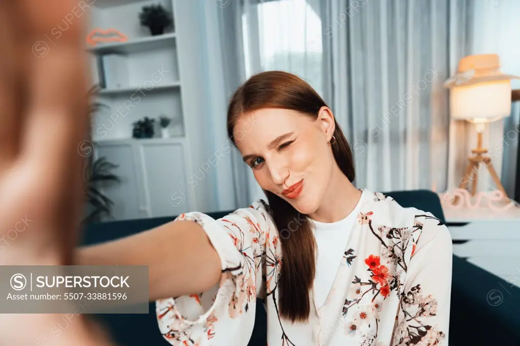 Woman influencer shoot live streaming vlog video review makeup utmost social