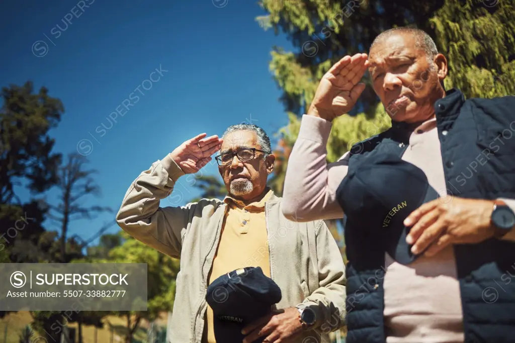 Salute, war veteran and men at cemetery to pay respect to fallen soldier outdoor at memorial service. Military, senior friends or salutation of army people for grief, support or empathy in retirement