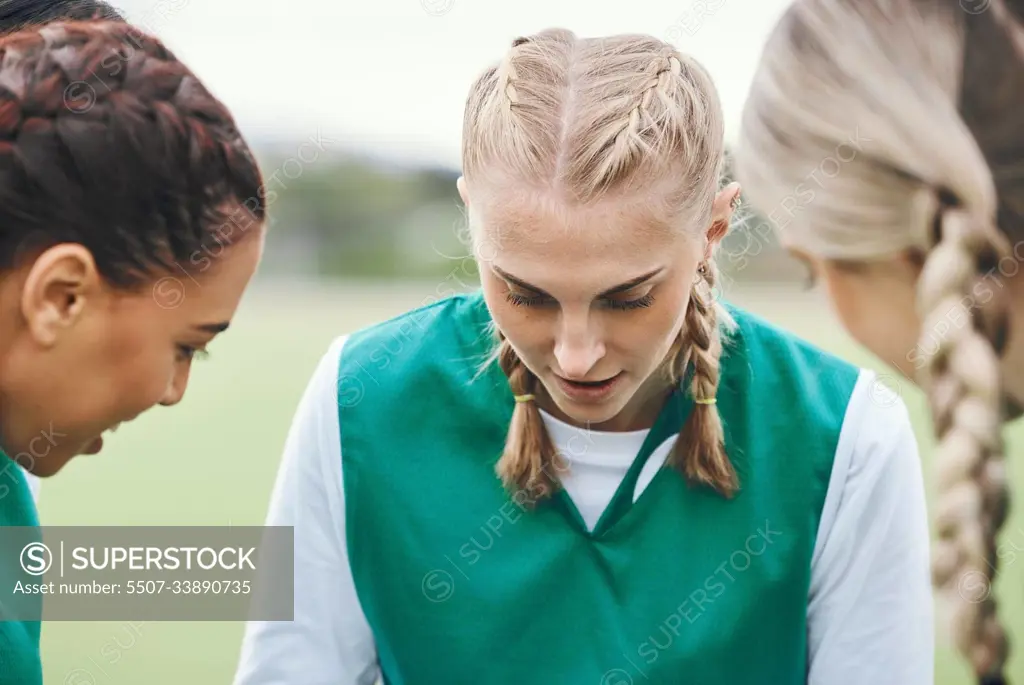 Planning, sports women or team in huddle with support, solidarity or plan for a hockey training game. Group, talk or female athletes in practice for fitness exercise or match together for teamwork