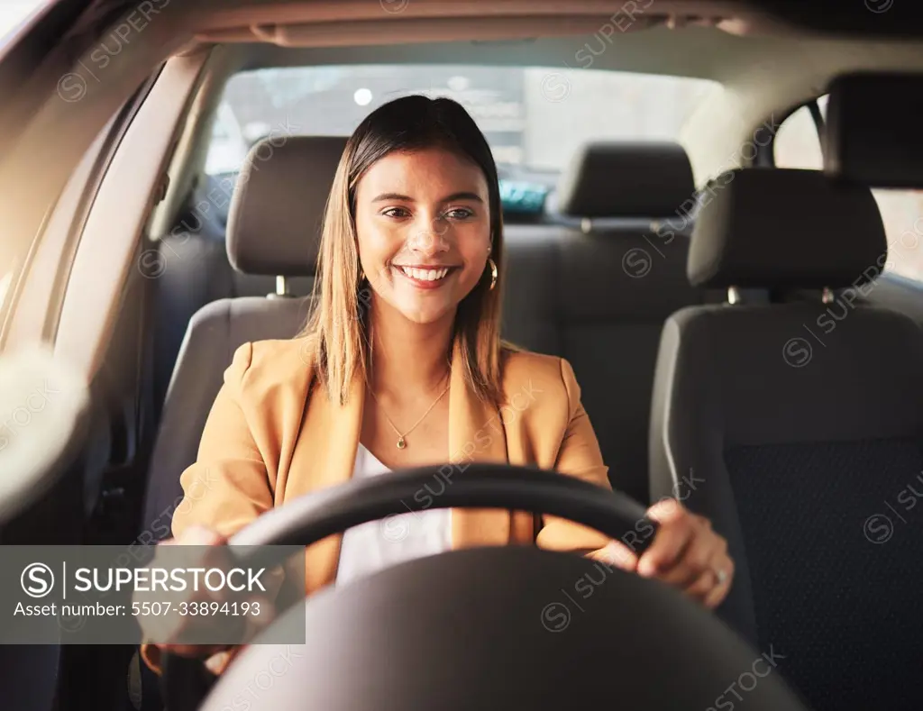 Happy, driving and business woman in car to travel, journey and rent transportation. Smile, driver and person in motor vehicle, automobile and road trip to commute to work in the morning in transport