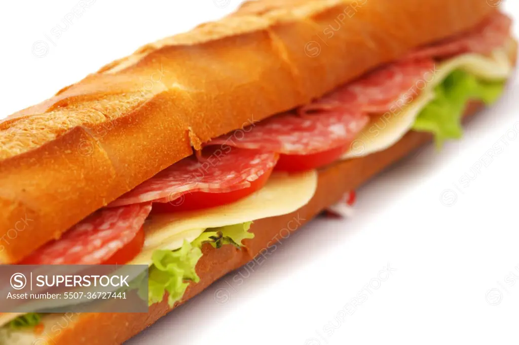 Long sandwich with  salami isolated on white