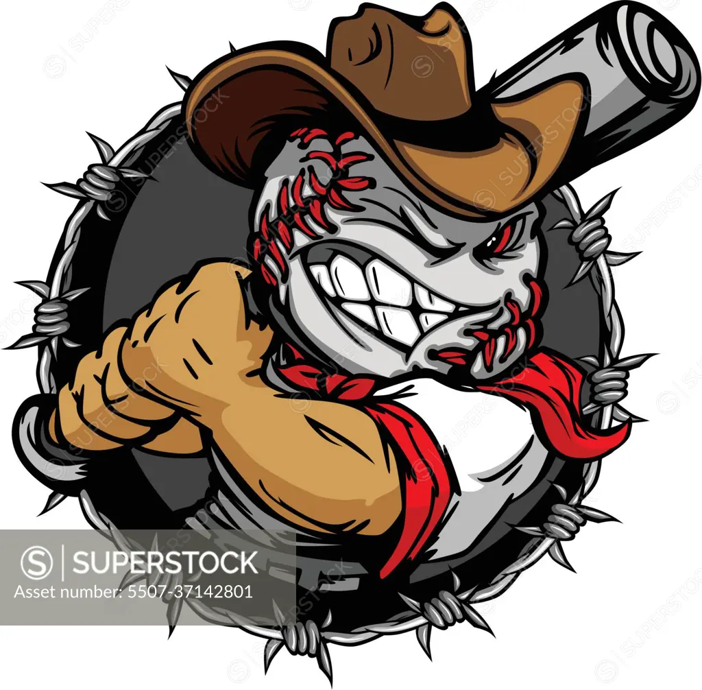 Cartoon Cowboy Baseball Face Holding Baseball Bat - SuperStock