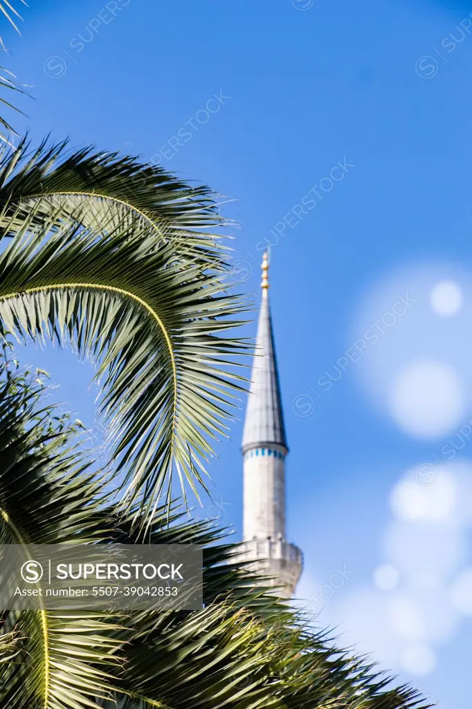 Ottoman Turkish style mosque minaret  as Religious Muslim temple architecture