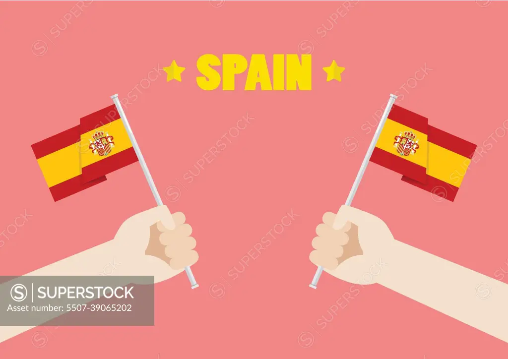 Spain National Day with Hands Holding Up Spain Flags