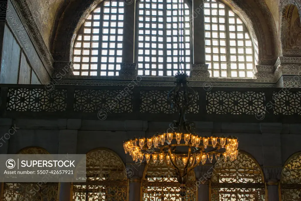 Beautiful mosque chandelier in Istanbul, Turkey, on display