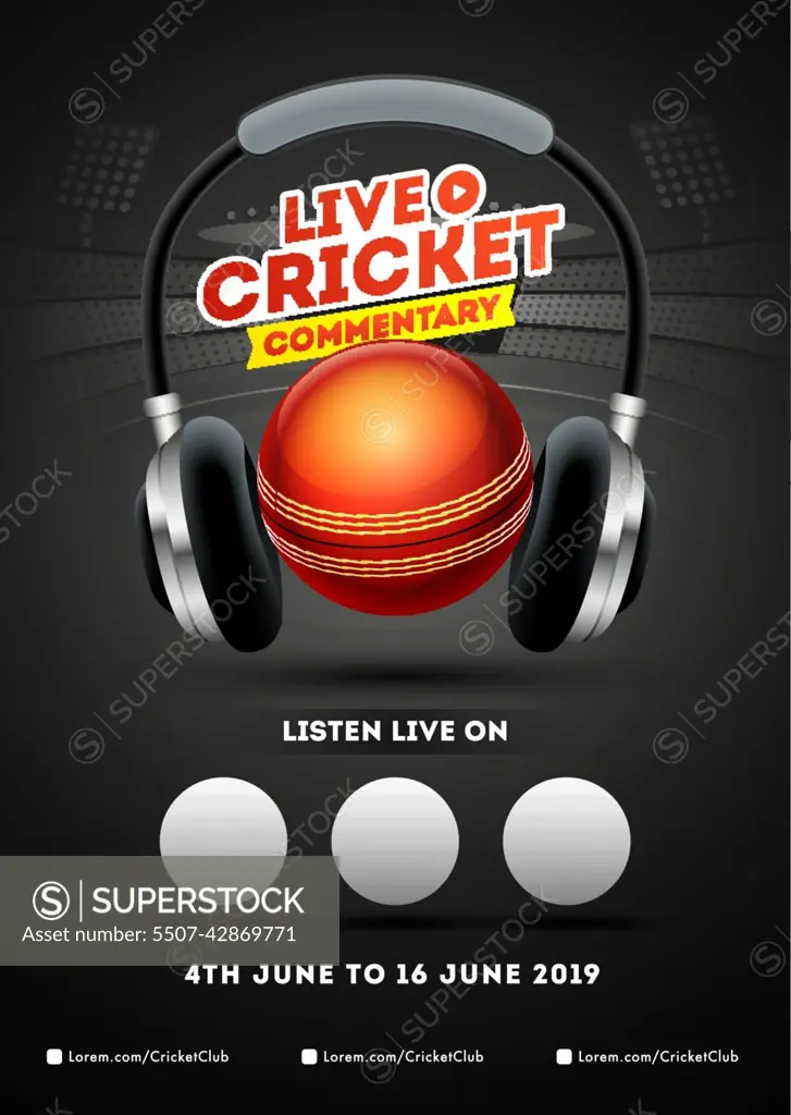 Listen Live Cricket Commentary poster or flyer design. Illustrat