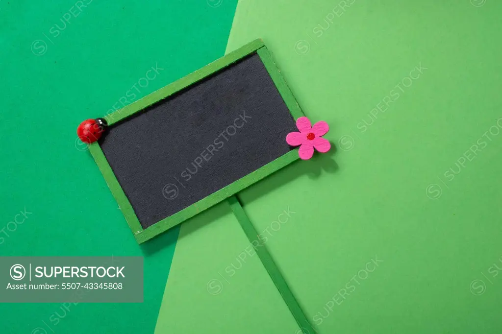 Empty blank notice board or bulletin board with flower and ladybird icon