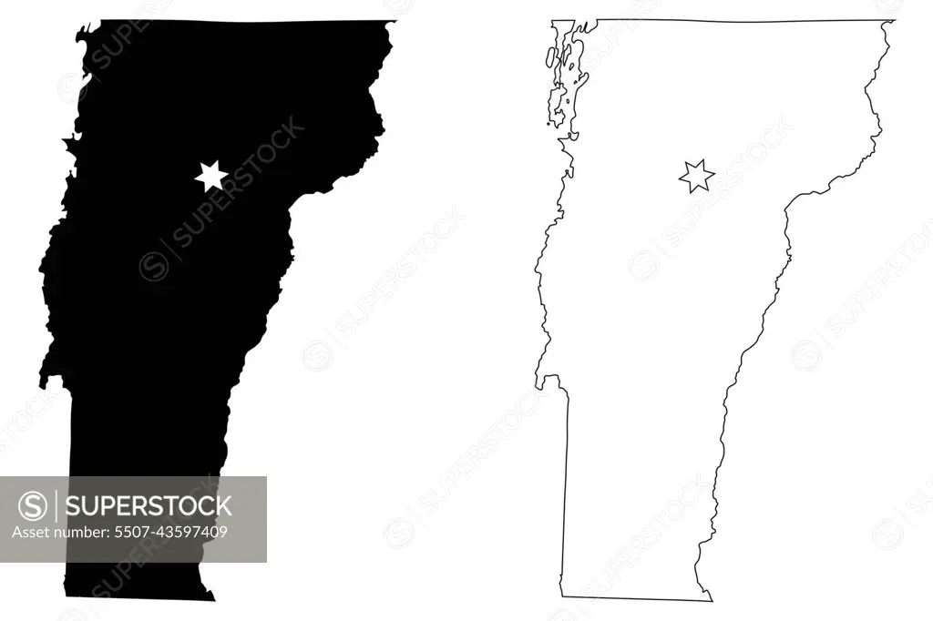 Vermont VT state Map USA with Capital City Star at Montpelier. Black silhouette and outline isolated maps on a white background. EPS Vector