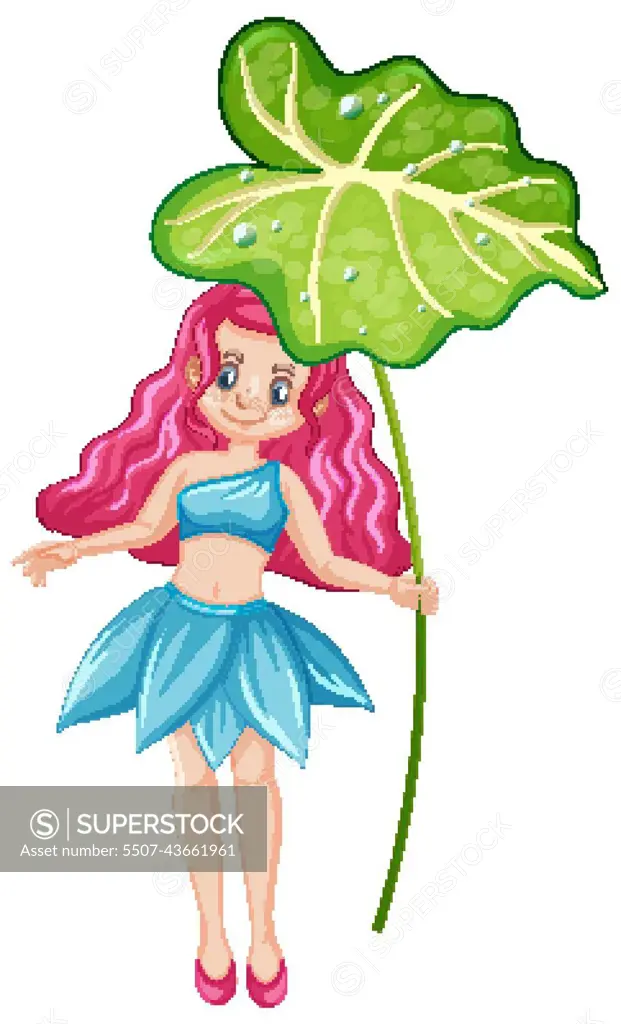 Cute fairy holding a leaf cartoon character on white background