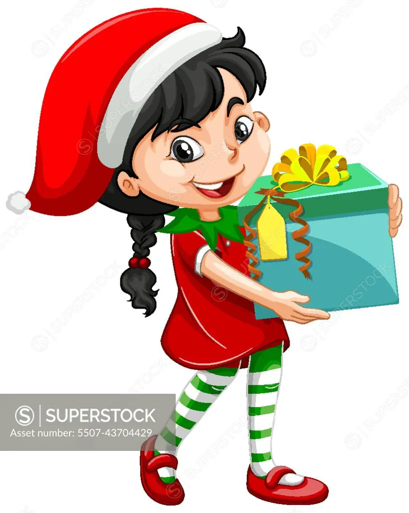 Cute girl in christmas costume holding gift box cartoon character -  SuperStock