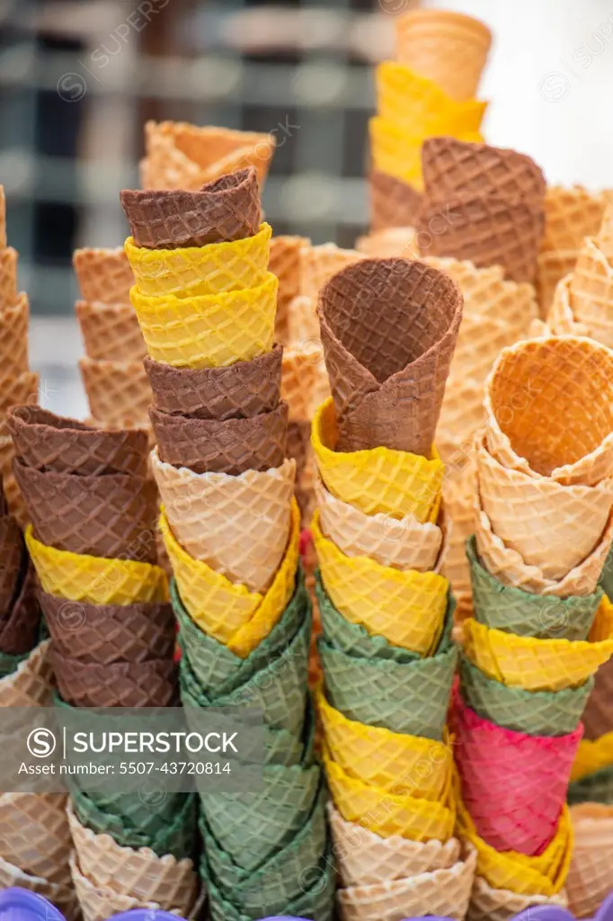 Empty Waffle Ice Cream Cones in view