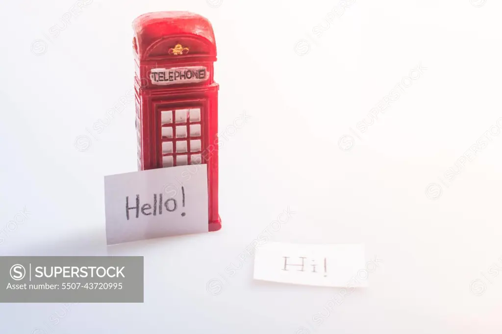 Notepaper with Hello wording near the British telephone booth