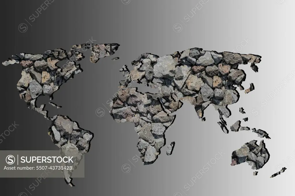 Roughly outlined world map withpebble rock background