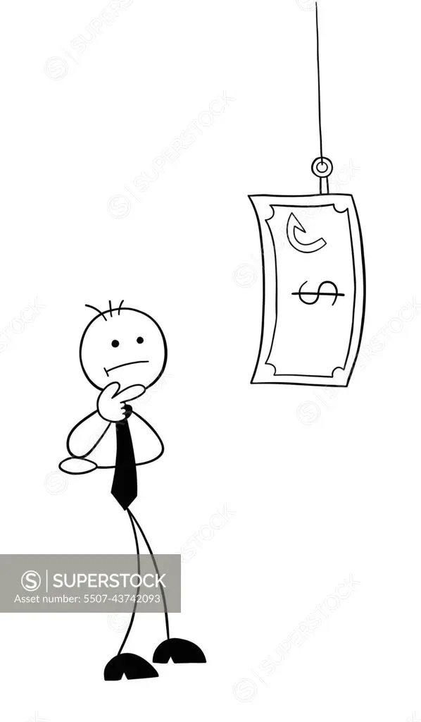 Stickman businessman character confused about fishing rod and dollar money  bait, vector cartoon illustration - SuperStock