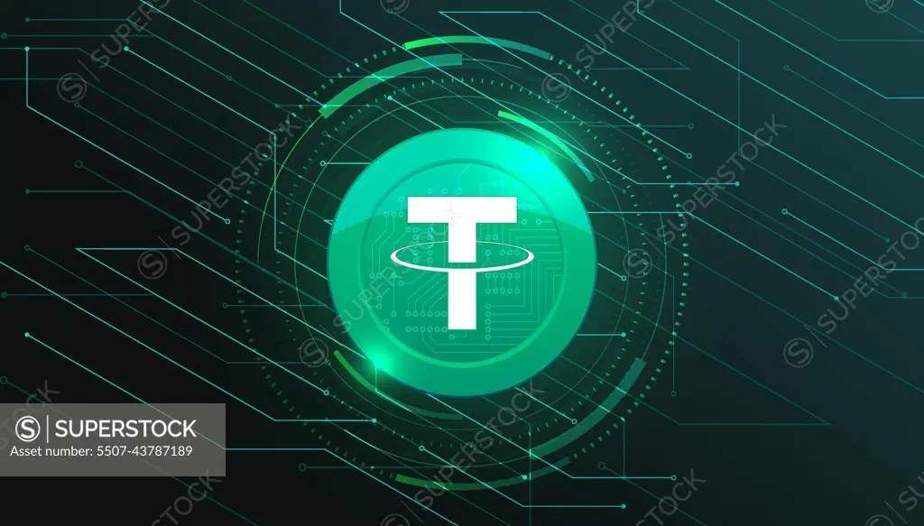 Tether coin with crypto currency themed banner. Tether or USDT