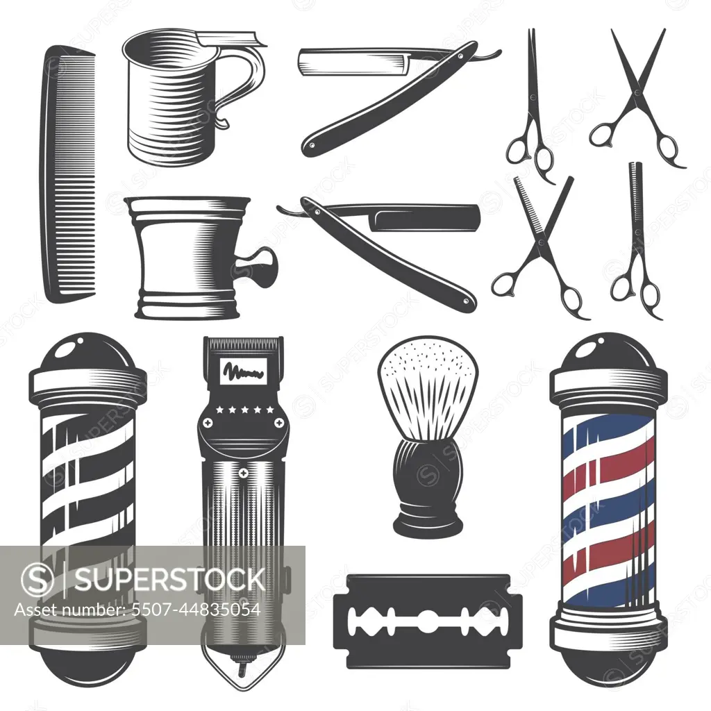 Set of vintage barber shop elements. - SuperStock