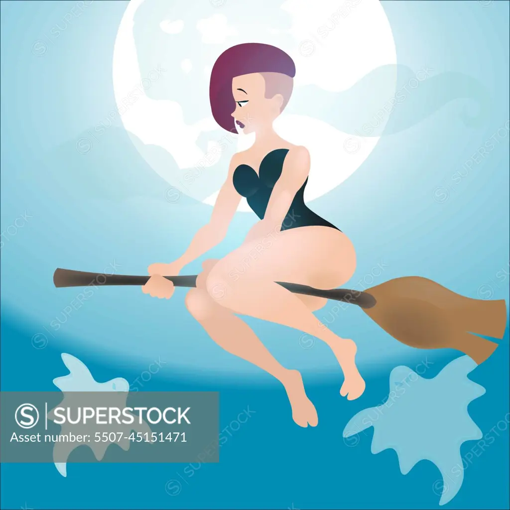 half-naked witch flying on a broom, - SuperStock