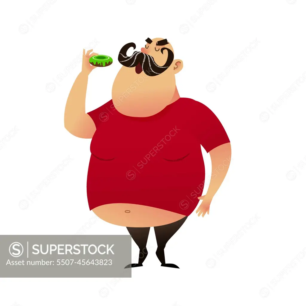 Fat guy takes a bite of a donut. Funny cartoon obesity man in a T-shirt  with a naked belly. Puffy mustachioed big happy character. Unhealthy food  and harmful lifestyles concept - SuperStock