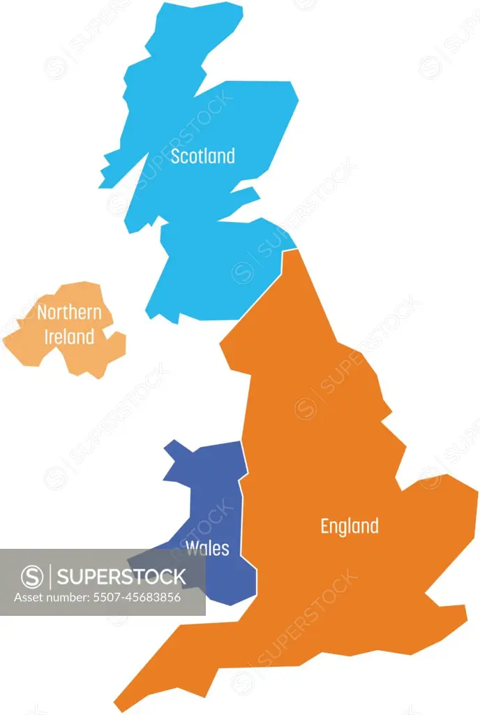 United Kingdom, UK, of Great Britain and Northern Ireland map. Divided to four countries - England, Wales, Scotland and NI. Simple flat vector illustration