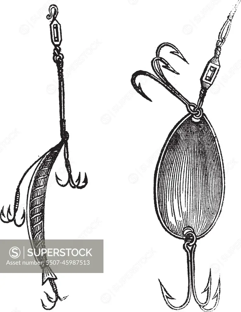 Fishing Lures, Fig. 86. Plug, Fig. 87. Spoon, vintage engraving. -  SuperStock