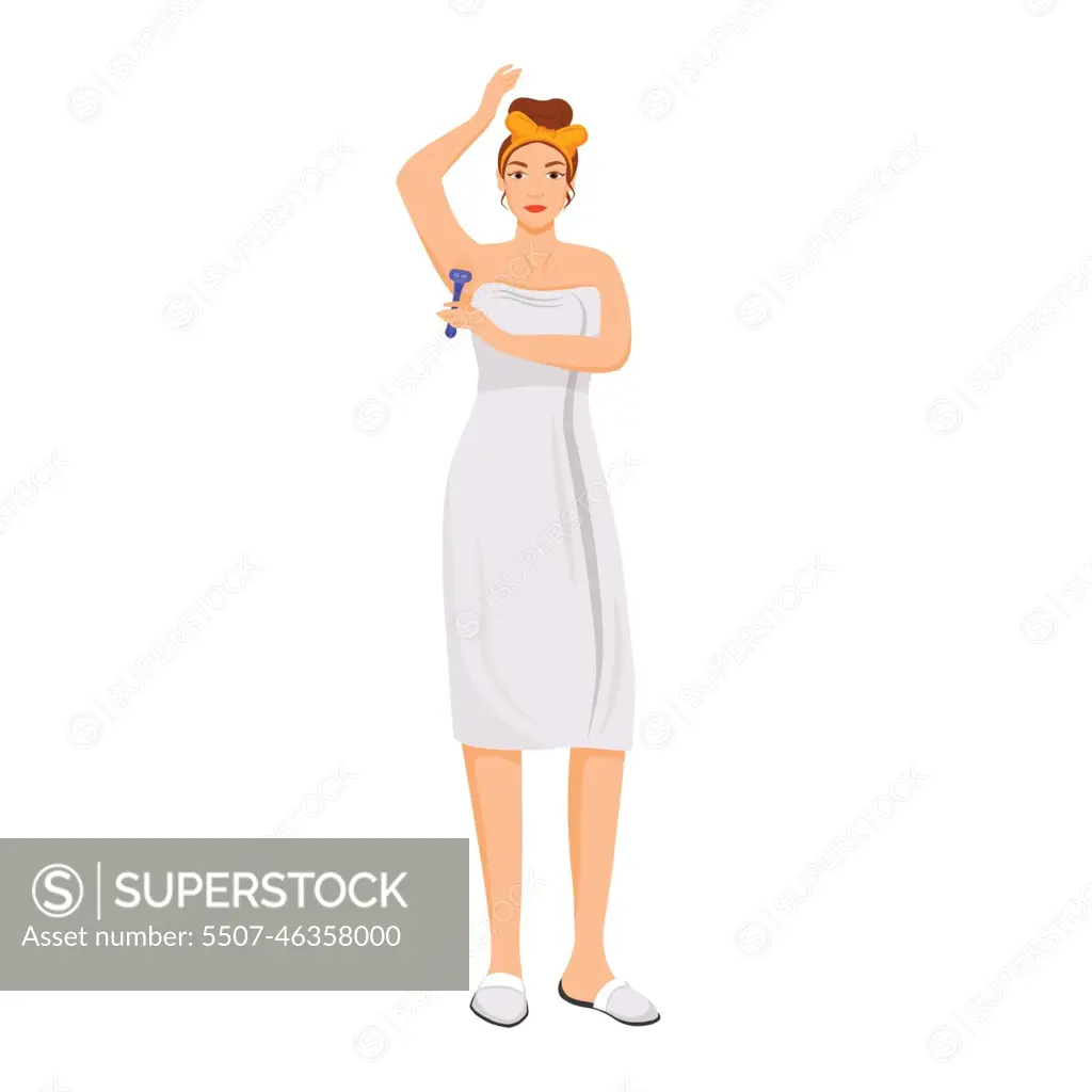 Young woman in towel shaving armpits flat color vector faceless character.  Morning hygiene routine, depilation isolated cartoon illustration for web  graphic design and animation. Girl remove body hair - SuperStock