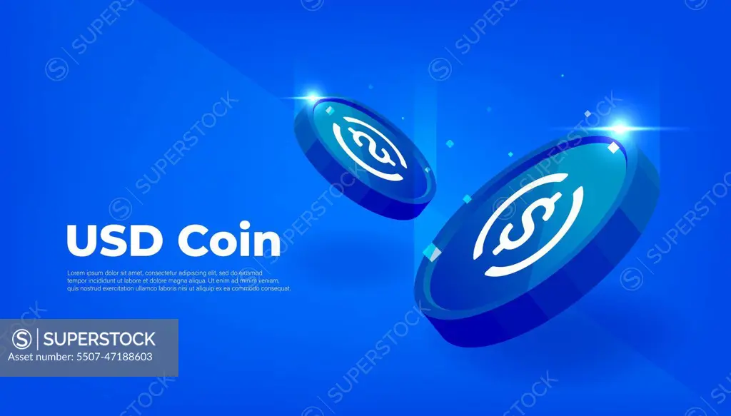 USD Coin or USDC coin banner. USD Coin digital stablecoin with