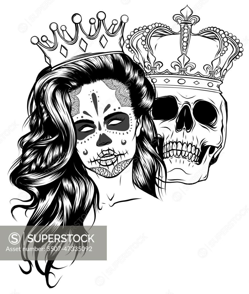 tattoo of King and queen of death. Portrait of a skull with a crown 