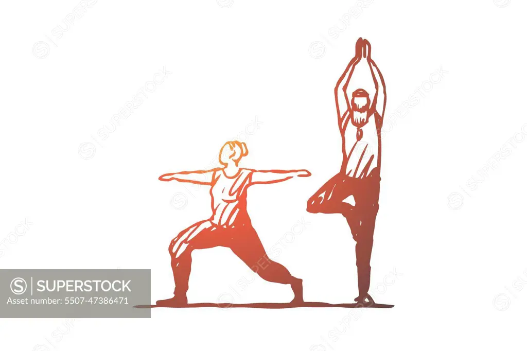 Vector yoga illustration. Yoga asanas for couple yoga.Hand drawn