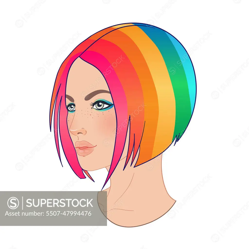 LGBT person with rainbow hair. Feminine girl or trans person. Gay Pride.  LGBTQ concept. Isolated vector colorful illustration. - SuperStock