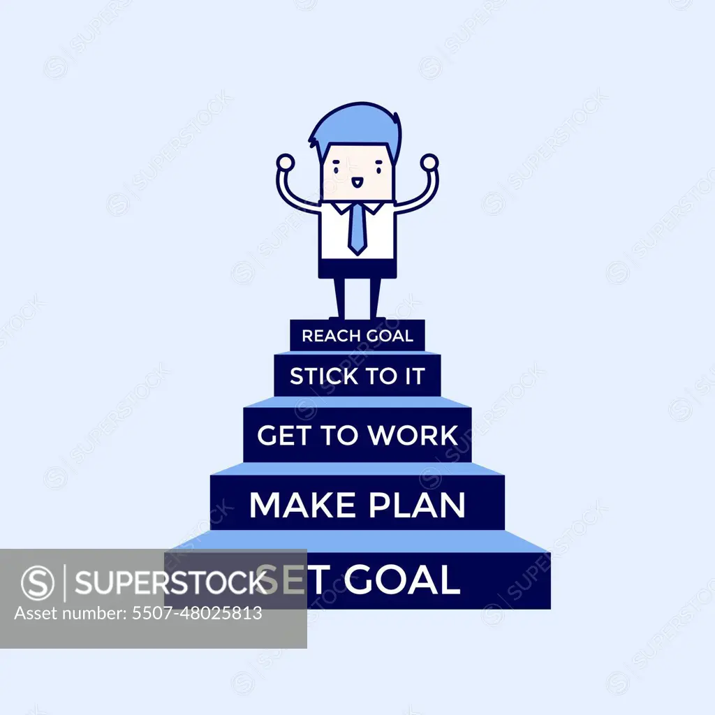 Businessman going up to success, 5 step for success. Cartoon character thin line style vector.