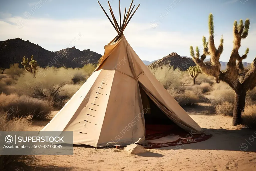 Native American tent in the desert at sunny summer day, neural network generated image