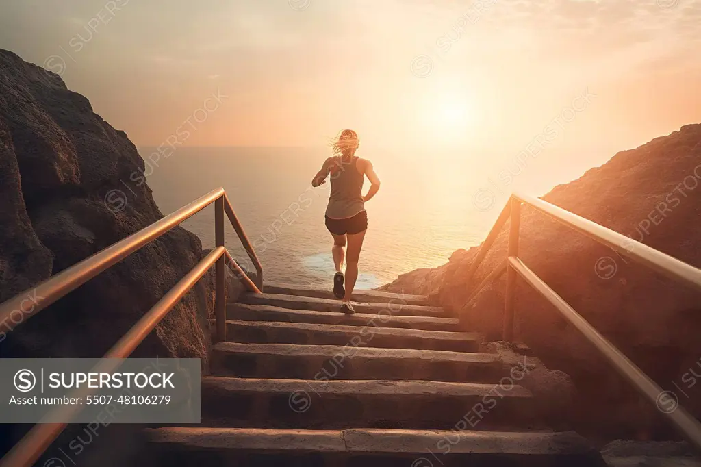 healthy lifestyle sports woman running on stone stairs on a cliff at sunrise, neural network generated image