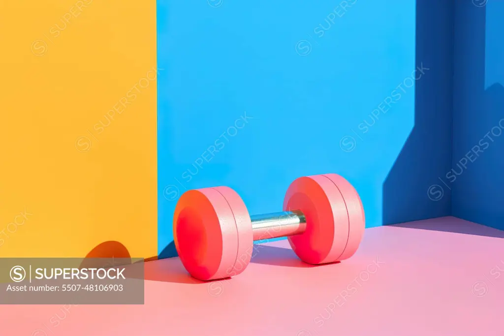 Dumbbell on vibrant, colorful background. Gym, fitness club concept. Close-up view. Be active, sporty. Healthy lifestyle. Loss weight and stay motivated. Empty, copy space for text. Generative AI.