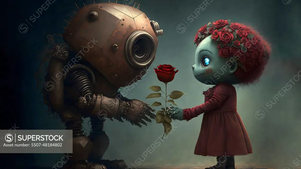 rusty anthropomorphic robot giving a rose to strange blue skin girl with flowers instead head hair, neural network generated art