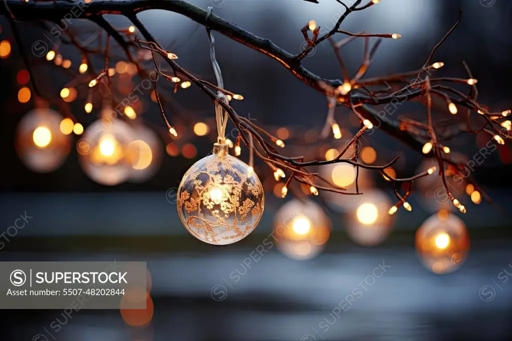 a tree branch with christmas lights hanging on it