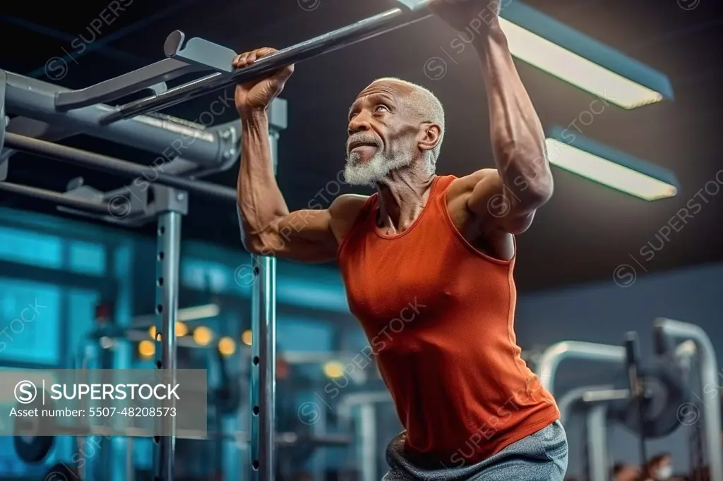 An old African American man goes in for sports with a gym. Healthy lifestyle