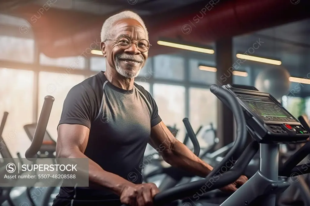 An old African American man goes in for sports with a gym. Healthy lifestyle