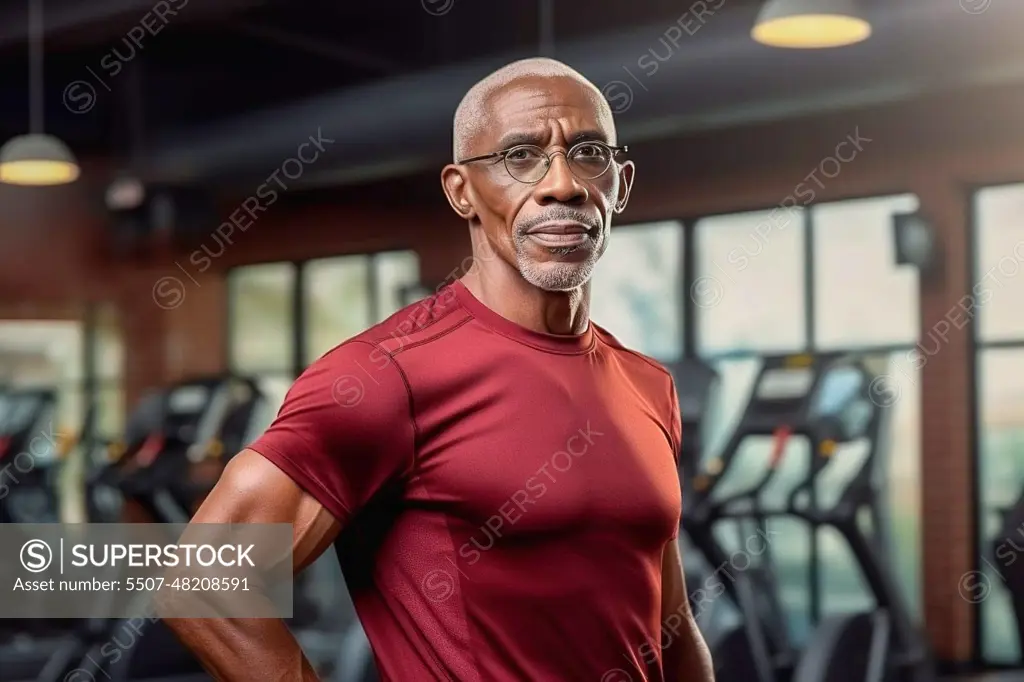 An old African American man goes in for sports with a gym. Healthy lifestyle